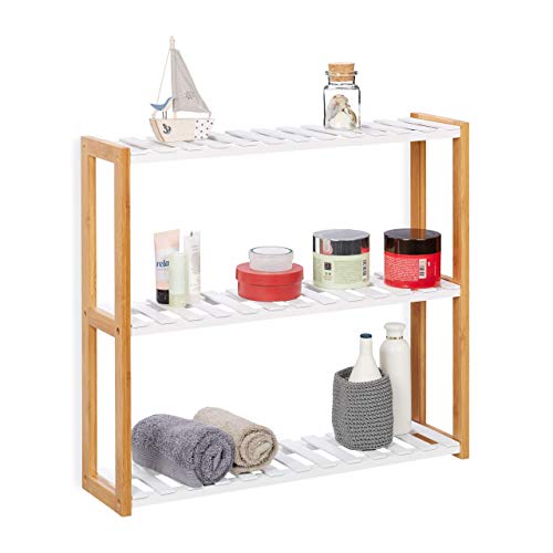 Relaxdays Estantería de pared con tres estantes, Mueble de almacenaje, Bambú, MDF, 54x60x15 cm, Blanco