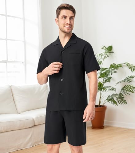 DAVID ARCHY Men's Pajamas Set – 100% Cotton Pajamas for Men Summer Short Sleeve Lightweight Lounge PJs with Pockets3