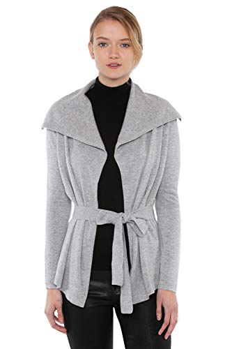 JENNIE LIU Women's 100% Pure Cashmere Long Sleeve Belted Cardigan Sweater(M, Grey)