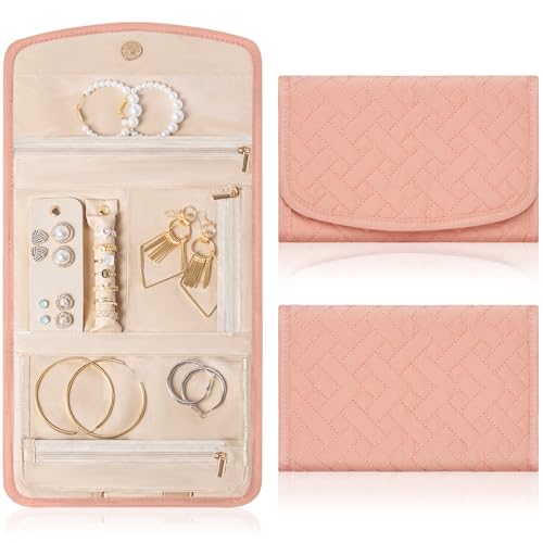 Image of Travel Jewelry Holder Organizer Case, Foldable Jewelry Roll Storage Bag for Necklaces Rings Earrings Bracelets, Large, Pink