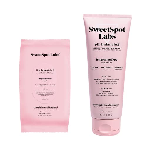 SweetSpot Labs pH Balance Feminine Wash + Wipes Bundle, Sulfate Free, Clean, Gynecologist Tested & Approved, Fragrance-Free, 8 oz Wash & 30 Count Wipes