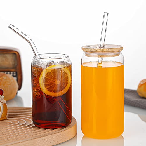JIDIAN Lot de 4 Verres à Boire de avec couvercles en Bambou et pailles en Verre, Tasses avec 4 pailles en Verre réutilisables, Verres à gobelet pour Eau, Soda, jus, Whisky Cover
