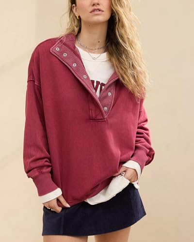 Gacaky Sweatshirt for Women Oversized Casual Long Sleeve Button Henley Neck Pullover Tops Fashion Outfits Clothes Burgundy L