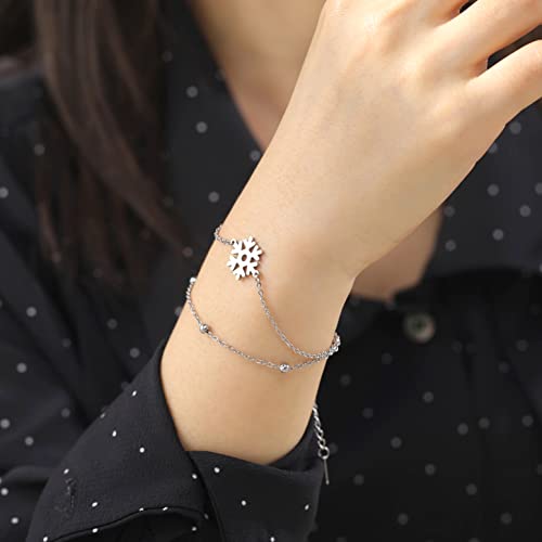 Dainty Layered Christmas Snowflake Charm Bracelet Charm Minimal Stainless Steel Bangle Adjustable Jewelry Gifts Girls Sisters Women (Silver2) #TOP1