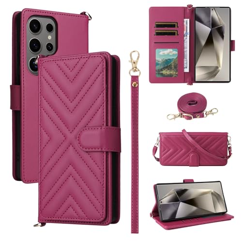 Coque Samsung S24 Plus en cuir élégant rose avec rabat portefeuille et bandoulière