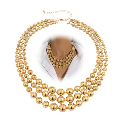 Chunky Gold Beaded Statement Necklace for Women Trendy Thick Big Silver Fake Pearls Beads Chain Layered Charm Choker Necklace Stack Fashion Prom Jewelry