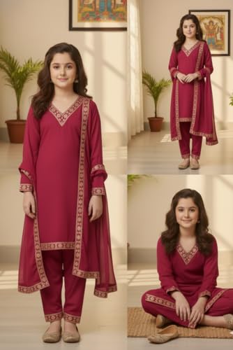 Image of Girls Stylish Rayon Lace Work Kurti with Dupatta and Pant