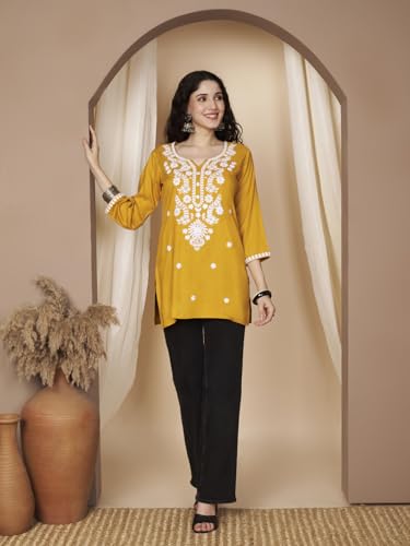 Image of Short Kurti for Women for Jeans, Chikankari Kurtis for Ladies, Lakhnavi V- Neck Women's Tunic Design Kurta, Floral Kurtas & Tunics for Woman