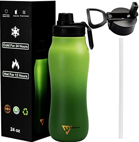 MarkoJo 24oz Triple Insulated Stainless Steel Water Bottle - Double Wall Vacuum Insulated Thermos -Leak-Proof - Wide Mouth- 2 Lids and straw - Sports drinks jug flask - Coldest 24Hrs - FIRE HOT 12Hrs