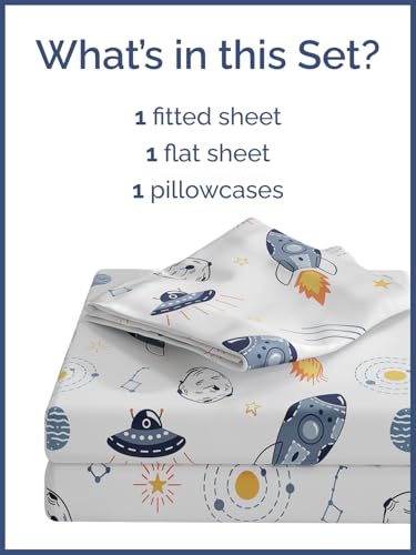 Image of Kids Twin XL Size Space Bed Sheet Set - 3 Piece Space Sheets - Galaxy Theme bedding - Soft, Cozy & Comfy - Breathable & Machine Washable - Spaceship Rocket Bed Set for Boys, Girls, Teens & Toddlers