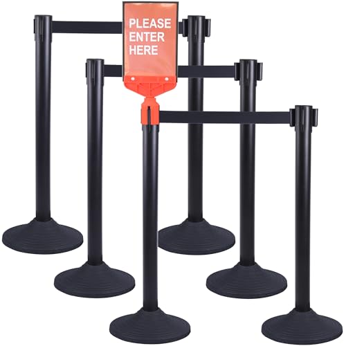 OangeStar 6 Packs Crowd Control Stanchion, Crowd Control Barrier Set w/10ft Black Retractable Belt Rubber Base
