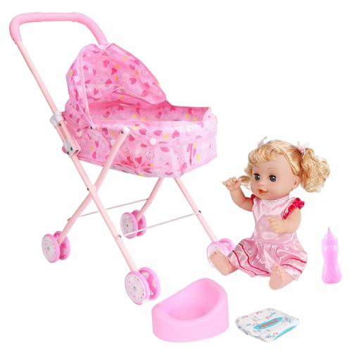 Cochecito de muñeca con voz interactiva y accesorios para juego de simulación portátil