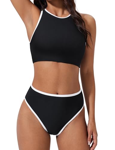 SUUKSESS Women High Waisted Bikini Sets High Neck Sporty Two Piece Swimsuits Color Block Racerback Crop Top Bathing Suit (Black White,M)