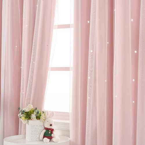 Image of Light Pink Curtains Drapes Blackout Nursery 54 Inches Long Cute Star Cutout