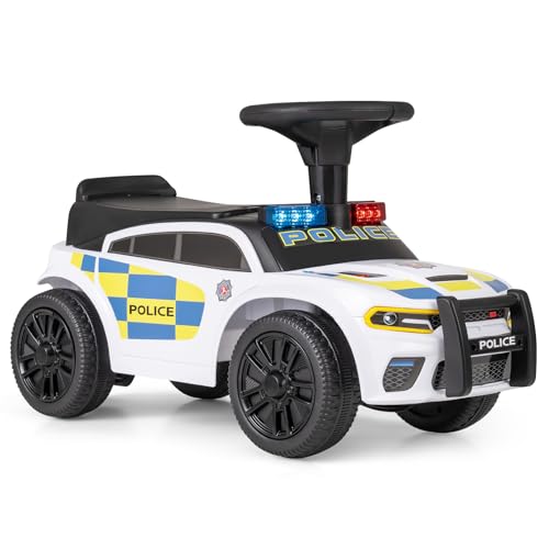 Image of COSTWAY Ride on Police Car, Toddler Foot to Floor Sliding Car with Steering Wheel, Under-Seat Storage, Siren Sounds, Music & Flashing Lights, Kids Ride on Toy for Boys Girls 18+ Months (White)