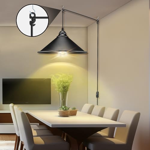 Image of Big Black Plug in Pendant Light, Industrial Hanging Light with Plug in Cord