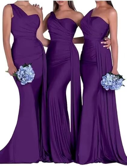 Image of One Shoulder Bridesmaid Dresses for Wedding Long Satin Bodycon Prom Dress Mermaid Formal Evening Gowns