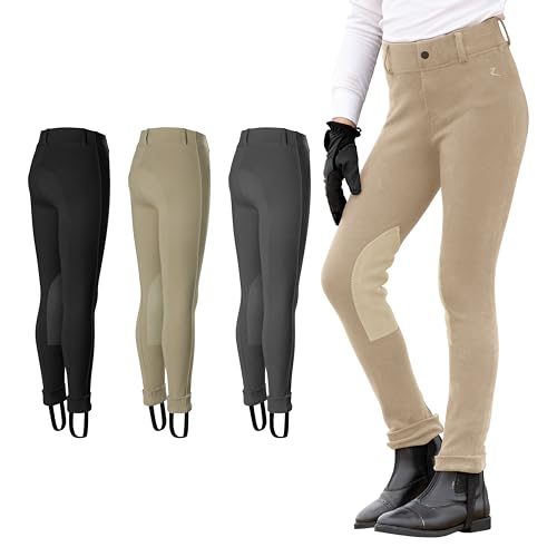 HORZE Nora Girls Leather Knee Patch Jodhpurs, Kids Horse Riding Pants, Equestrian Breeches for Horseback Riding, English Style, Youth Apparel, Comfortable Kids Riding Pants Equestrian Girls Tan