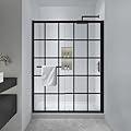 FELYL 44-48" W x 72" H Framed Grid Pattern Sliding Shower Door with 1/4" (6mm) Clear SGCC Tempered Glass in Matte Black Finish, Reversible Installation