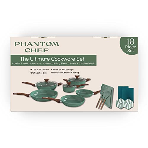 Phantom Chef 18-Piece Cookware Set | Non-Stick Ceramic Coating | Oven & Dishwasher Safe | Pfoa-Free | Aluminum Pots & Pans Set With Lids | Stay-Cool Handles | Induction Stovetop Compatible (Green) #TOP2