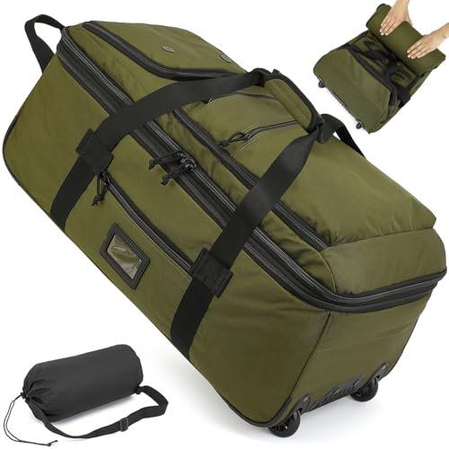 Bolsa de Viaje Plegable con Ruedas Grande 85-100L Expandible Bolsa Deporte Hombre Maleta con Ruedas para Camping Viajes Weekender Duffle Bag, Verde