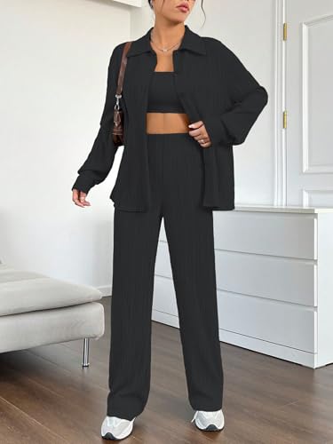 Image of Shasmi Women's 3-Piece Co-ord Set - Solid Button Front Shirt, Strapless Tube Top & Wide Leg Pants | Casual Loose Fit Western Outfit for Daily Spring /Fall Wear (Co-Ord-208)