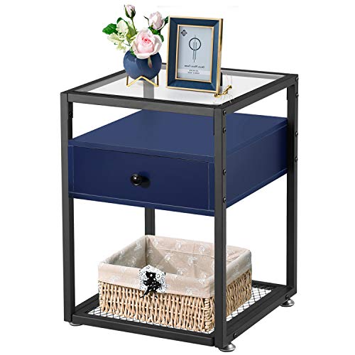 VECELO Nightstand, Tempered Glass End Table, Cabinet with Drawer and Rustic Shelf Decoration in Living Room,Bedroom,Lounge, Dark Blue