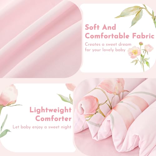 Image of Toddler Bedding Set for Girls, Kids Comforter Set Pink Reversible, Ultra Soft & Lightweight Crid Bedding Set Includes Comforter, Flat Sheet, Fitted Sheet, Pillowcase