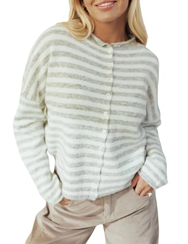 Esmeling Women's Crew Neck Casual Cardigan Sweater Open Front Wavy Long Sleeves Cropped Knit Outerwear
