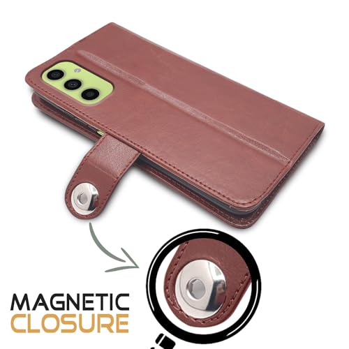 Image of Pikkme Samsung Galaxy A05s Flip Cover Leather Finish | Inside TPU with Card Pockets | Wallet Stand and Shock Proof | Complete Protection Button Flip Case (Brown)