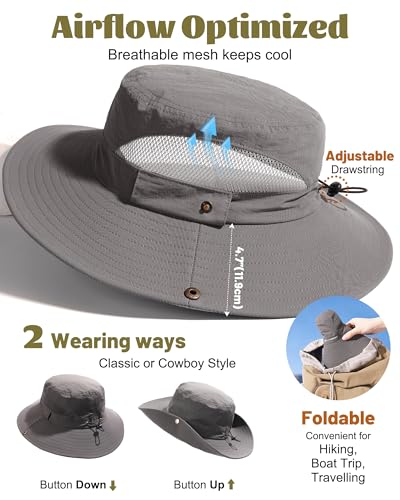 Sun Hats for Men Breathable UPF 80+ Wide Brim Bucket Hat, Outdoor Hiking Beach Fishing Hats Dark Grey