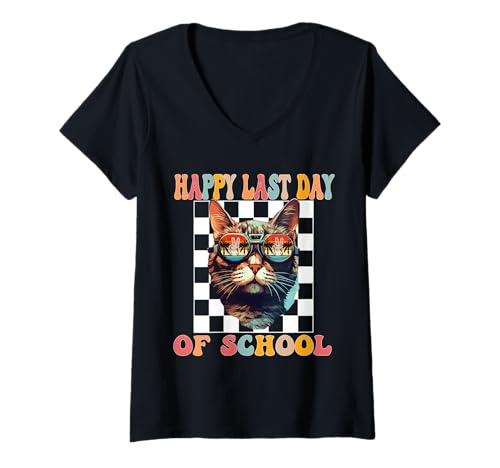 Womens Funny Cat Happy Last Day End Of School Graduation V-Neck T-Shirt