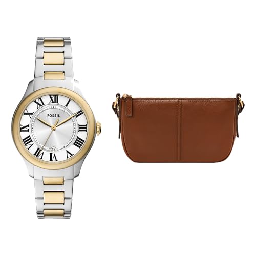 Fossil Mujer Reloj de Acero Inoxidable Bicolor Gilmore y Bolsa Jolie Marrón, Set