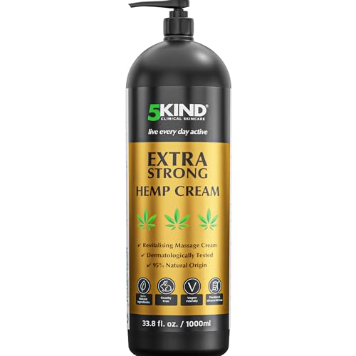 Image of 5kind Extra Strong Hemp Cream 1000ml - High Strength Hemp Oil and Arinca Cream for Massaging Joints & Muscles, Lower Back, Feet, Knees, Neck & Shoulders - Infused with Natural Oils & Extracts
