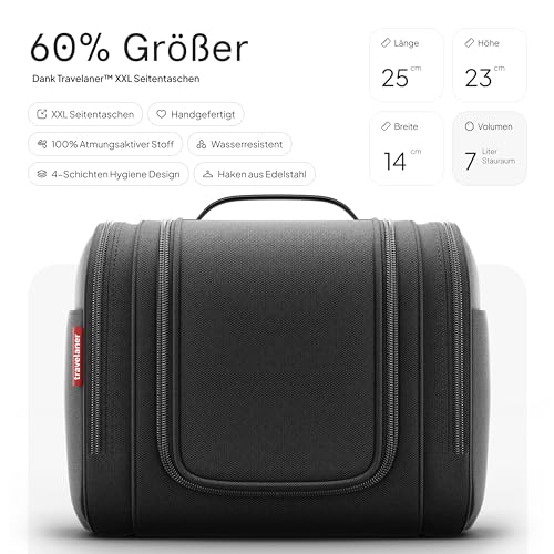 Travelaner Kulturbeutel zum Aufhängen für Damen, Herren und Kinder, 7 Liter Stauraum, 3-in-1 Kulturtasche, Kosmetiktasche für Reise, Waschtasche, Waschbeutel, Wasserabweisend, Schwarz