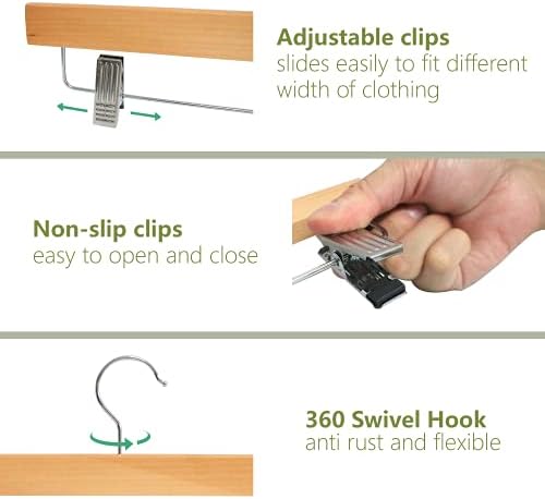 Hangerman 10Pcs Wooden Trouser Hangers 36cm Wood Pant Hangers with Adjustable Clips 360° Swivel Hook Space Saving Premium Edition Solid Wood Elegant for Trousers, Skirts, Jeans and Slacks,Natural