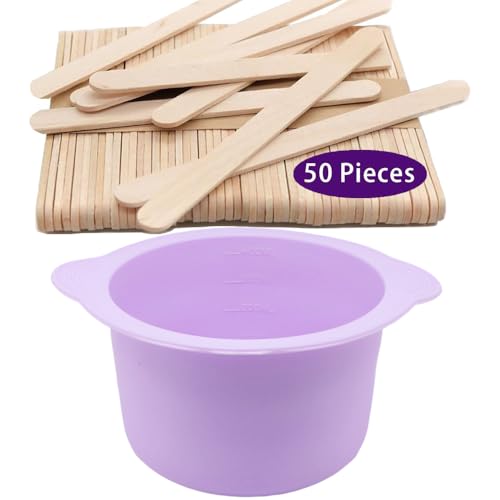 Image of Silicone Wax pot Liner, Silicone Wax Bowl Warmer liner, Non-Stick Melt Pot Replacement, Reusable Melt Liner with 50 Pcs Waxing Sticks Body Hair Removal 14 oz Purple