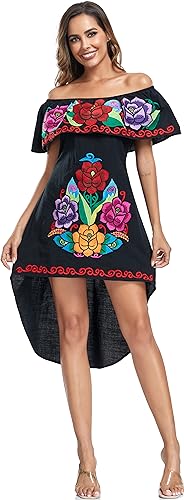 YZXDORWJ Women's Mexican Asymmetrical Dress Embroidered Floral Off-Shoulder Cocktail Latina Fiesta Dress2