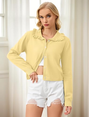 Image of Ythomm Womens Ruffle Collar Cropped Cardigans Button Down Open Front Long Sleeve Knit Sweater Jackets Casual Solid Fall Tops