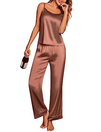Image of Ekouaer Silk Pajamas for Women Set Tank Top Pj Sets 2 Piece Lounge Set | Satin Womens Pajama Sets Sexy Sleeveless Loungewear Long Pants Sleepwear Soft Cami Pjs Sets with Pocket S-XXL