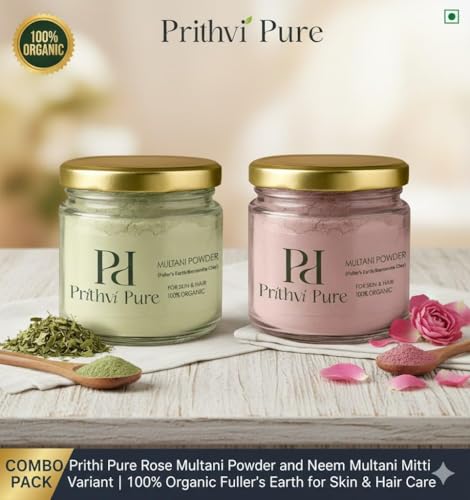 Image of Multani Mitti Combo Set 200g Each - Rose & Neem | 100% Organic Fuller's Earth for Face, Hair & Skin Care | Natural Oil Control, Acne & Tan Removal