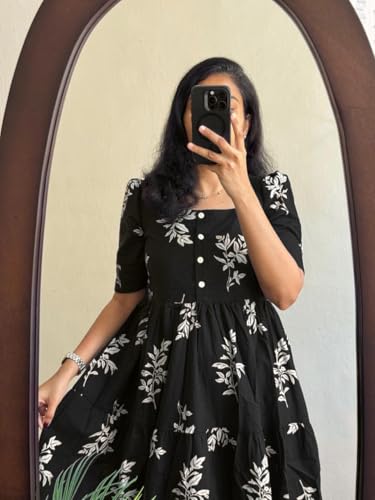 Image of Women's Pure Cotton Maxi Midi Dress Western Dress for Women Elegant Floral Printed Long Dresses | Soft & Breathable Fabric | Casual Trending Dress