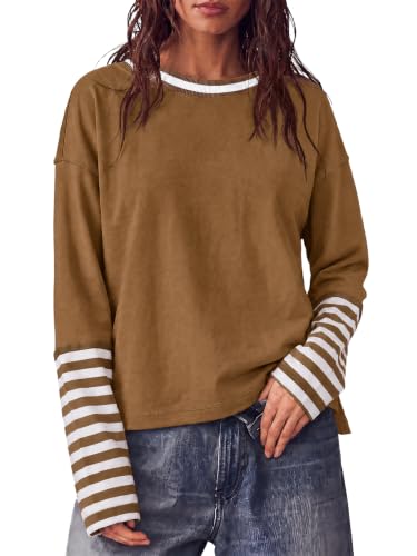 Tankaneo Womens Long Sleeve Tee Shirts Color Block Striped Loose Fit Tops