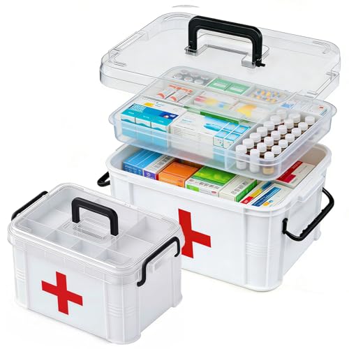Image of 2 Pack Clear Medicine Organizer Box with Handle, Plastic Medicine Container with Tray First Aid Box Empty, Thickened Medicine Storage Organizer Multipurpose Medication Organizer Storage, White