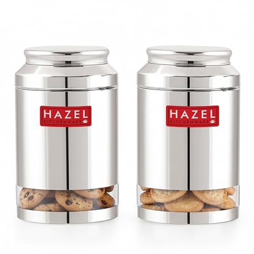 Image of HAZEL Stainless Steel Transparent Storage Jar, 2500 ML - Set of 2 | Airtight Kitchen Containers for Pulses, Grains, Sugar & Snacks