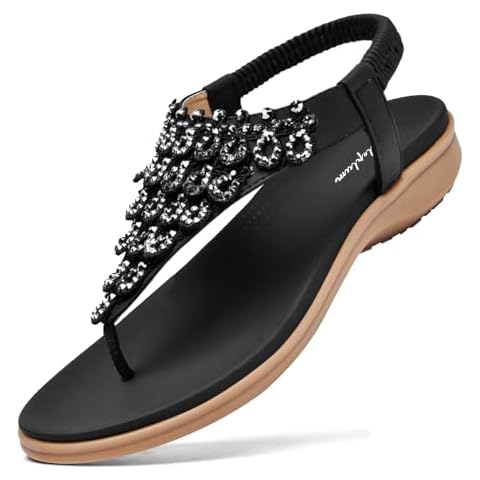 Littleplum Womens Sandals Arch Support Slingback Sandals Summer Beach Shoes Ankle Strap Thong Elastic Flat Sandals for Women Chic Black Size 7.5 Cover