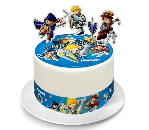 Kardasis Playmobil Novelmore - Decoración para tartas con figuras de papel, disco azyme comestible | Decoración de cumpleaños infantil | 20 cm + 4 bandas 28 x 4 cm + 4 figuras