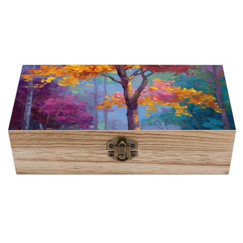 Trees All Seasons Colorful Wooden Storage Box with Hinged Lid Jewelry Keepsake Container Organizer Decoration