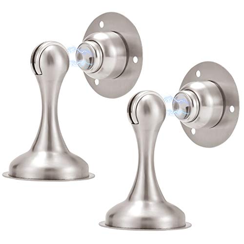 Magnetic Door Stop Brushed Nickel Stainless Steel Magnetic Door Stopper with 3M Double Sided Adhesive Tape for No Drilling Screws for Stronger Mount Door Stops for Floor Keep Your Door Open 2 Pack