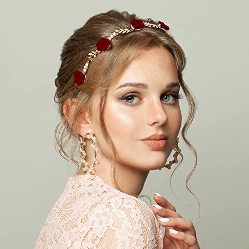 Oiiki 2Pcs Rose Hairband For Women, Metal Gold White Red Flower Floral Headbands, Pearl Hair Band Headpiece Hair Jewelry Accessories For Women Bride Valentine Wedding Engagement Birthday Christmas #TOP5